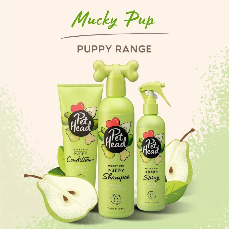 PET HEAD Mucky Puppy Spray desodorizante para cachorros 300 ml, aroma de pêra. Hipoalergénico com ingredientes naturais. Fórmula suave para cães e cachorros com mais de 8 semanas de idade