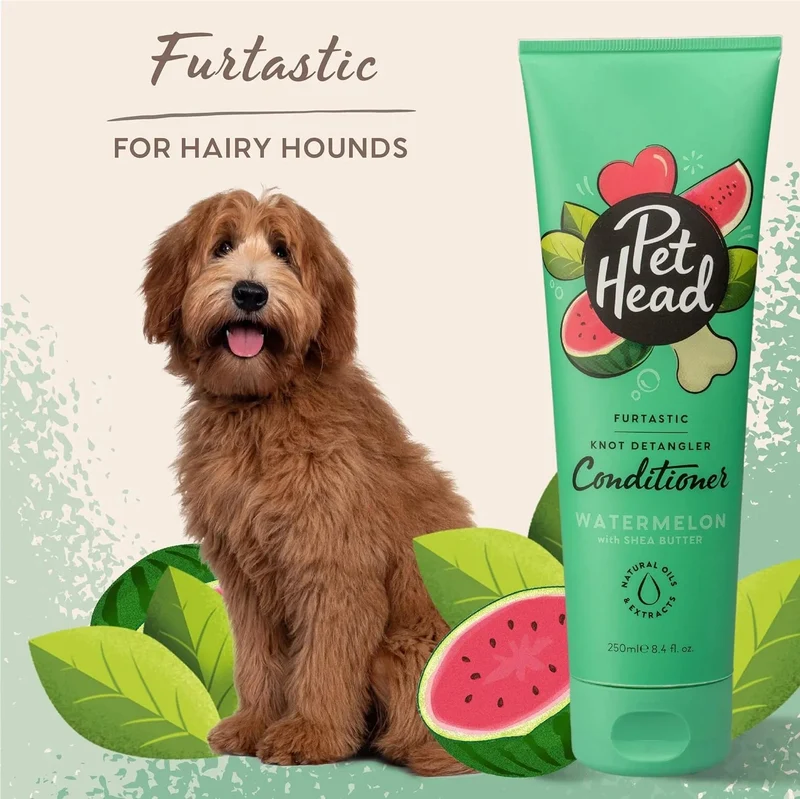 PET HEAD Furtastic Condicionador para cães de pelo longo e encaracolado, 250 ml, aroma de melancia. Hidrata e desembaraça o pêlo. Hipoalergénico com ingredientes naturais. Adequado para cachorros