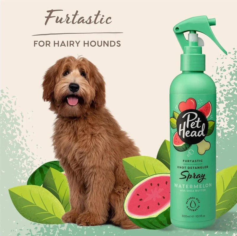 PET HEAD Furtastic Spray de higiene para cães de pelo longo e encaracolado 300 ml, aroma de melancia. Shampoo seco desembaraçante com ingredientes naturais e veganos. Fórmula suave para cães
