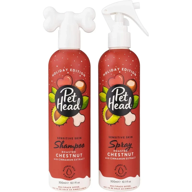 PET HEAD Holiday Edition Shampoo e spray de higiene para cães, cada 300 ml - castanhas com aroma a canela. Hipoalergénico com ingredientes naturais e veganos. Fórmula suave para cachorros