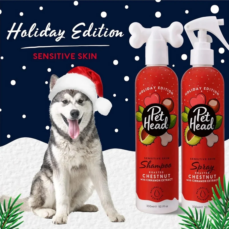 PET HEAD Holiday Edition Shampoo e spray de higiene para cães, cada 300 ml - castanhas com aroma a canela. Hipoalergénico com ingredientes naturais e veganos. Fórmula suave para cachorros