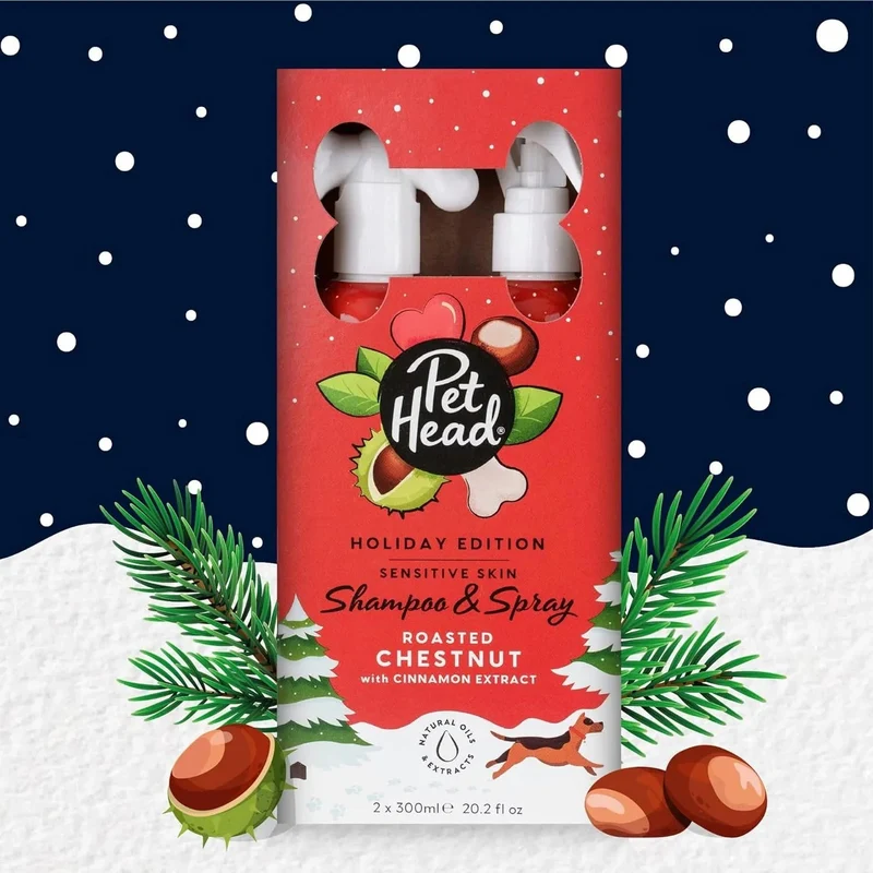 PET HEAD Holiday Edition Shampoo e spray de higiene para cães, cada 300 ml - castanhas com aroma a canela. Hipoalergénico com ingredientes naturais e veganos. Fórmula suave para cachorros