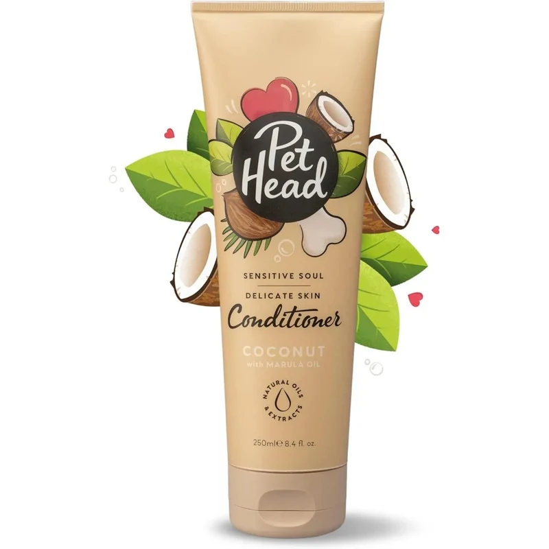 PET HEAD Sensitive Soul Condicionador para cães com pele sensível 250 ml, aroma de côco. Hipoalergénico, calmante e hidratante, ingredientes naturais e vegano. Adequado para cachorros e cães