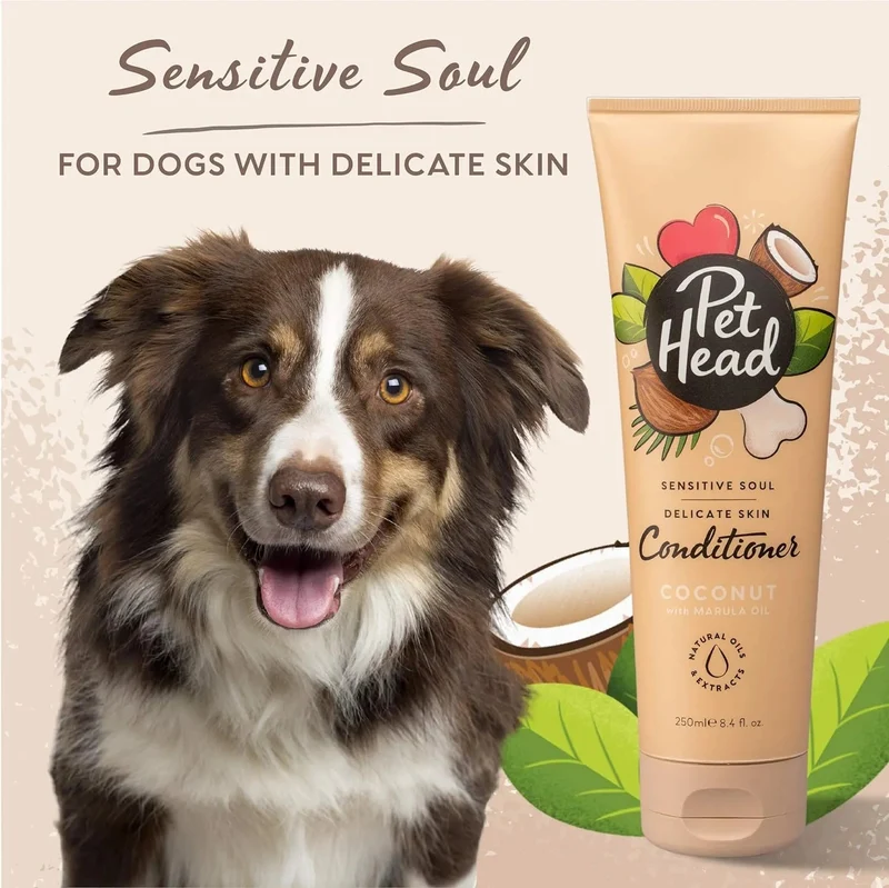 PET HEAD Sensitive Soul Condicionador para cães com pele sensível 250 ml, aroma de côco. Hipoalergénico, calmante e hidratante, ingredientes naturais e vegano. Adequado para cachorros e cães