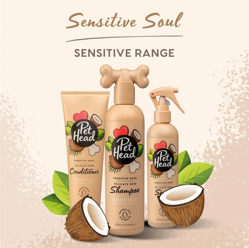 PET HEAD Sensitive Soul Condicionador para cães com pele sensível 250 ml, aroma de côco. Hipoalergénico, calmante e hidratante, ingredientes naturais e vegano. Adequado para cachorros e cães