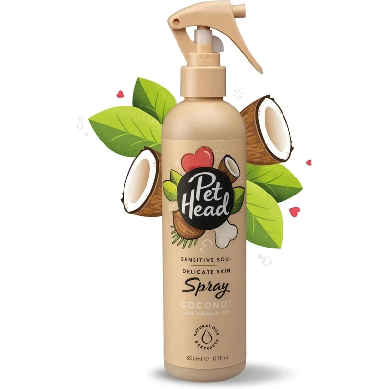PET HEAD Sensitive Soul Spray desodorizante para cães com pele sensível 300 ml, aroma de côco. Spray de higiene hipoalergénica para cães, ingredientes naturais e veganos. Adequado para cachorros e