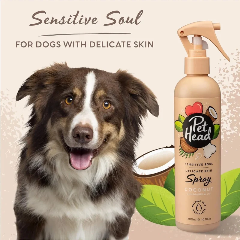 PET HEAD Sensitive Soul Spray desodorizante para cães com pele sensível 300 ml, aroma de côco. Spray de higiene hipoalergénica para cães, ingredientes naturais e veganos. Adequado para cachorros e