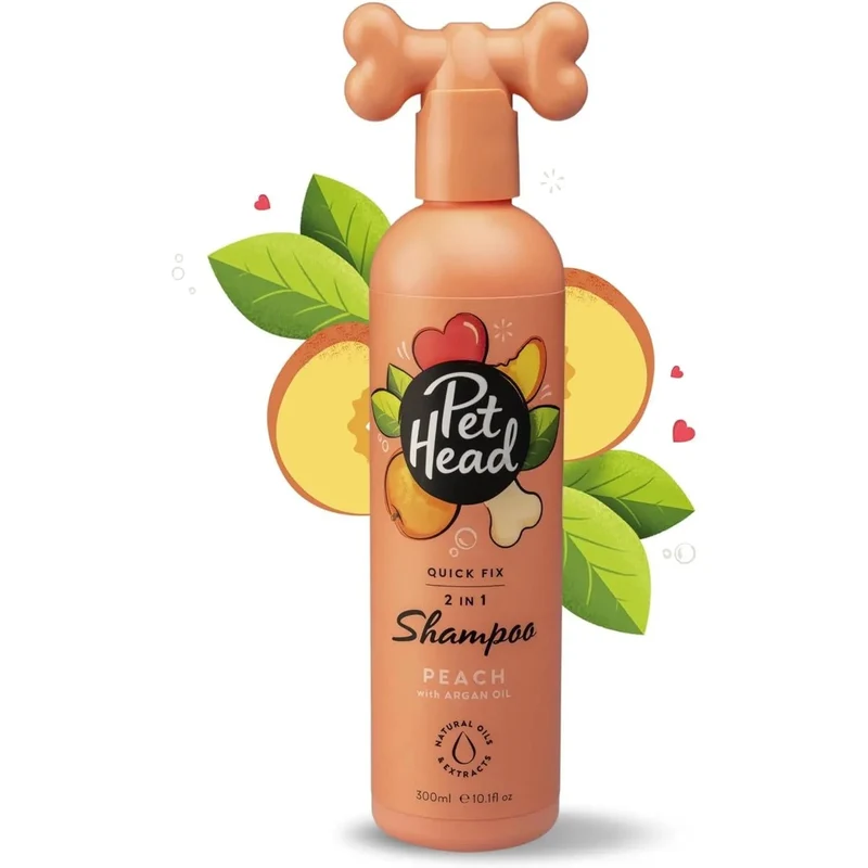 PET HEAD Quick Fix champô e condicionador para cães 300 ml, aroma de pêssego. Nutre e suaviza o pêlo. Hipoalergénico com ingredientes naturais e veganos. Fórmula suave para cães e cachorros