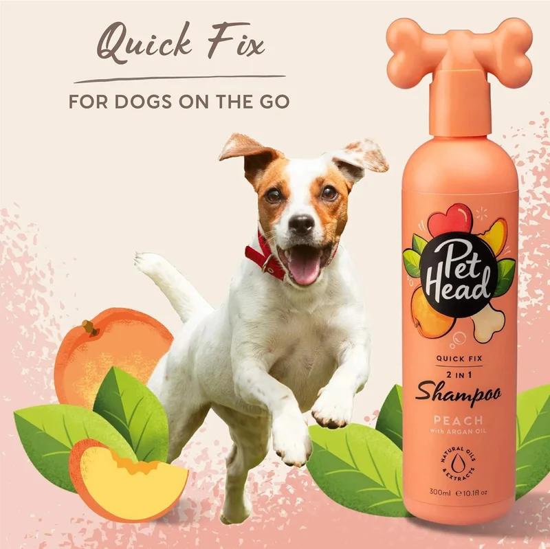PET HEAD Quick Fix champô e condicionador para cães 300 ml, aroma de pêssego. Nutre e suaviza o pêlo. Hipoalergénico com ingredientes naturais e veganos. Fórmula suave para cães e cachorros