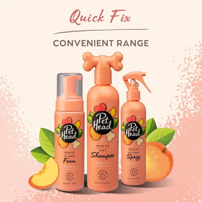 PET HEAD Quick Fix champô e condicionador para cães 300 ml, aroma de pêssego. Nutre e suaviza o pêlo. Hipoalergénico com ingredientes naturais e veganos. Fórmula suave para cães e cachorros