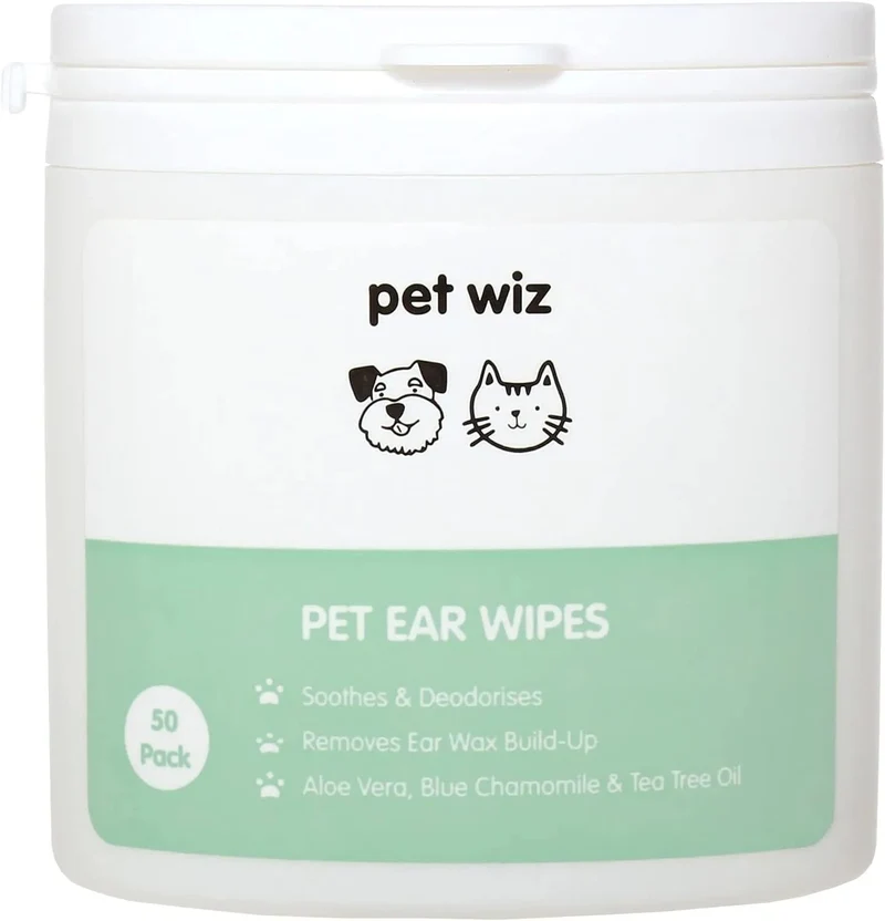 Toalhetes para os ouvidos de cães e gatos. Limpam, acalmam e desodorizam com ingredientes ativos naturais, aloé vera, hamamelis, óleo da árvore do chá e extrato de camomila azul