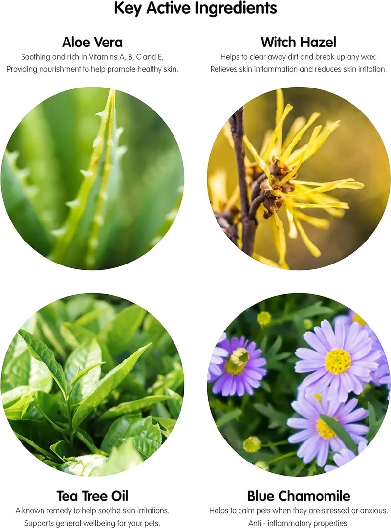 Toalhetes para os ouvidos de cães e gatos. Limpam, acalmam e desodorizam com ingredientes ativos naturais, aloé vera, hamamelis, óleo da árvore do chá e extrato de camomila azul