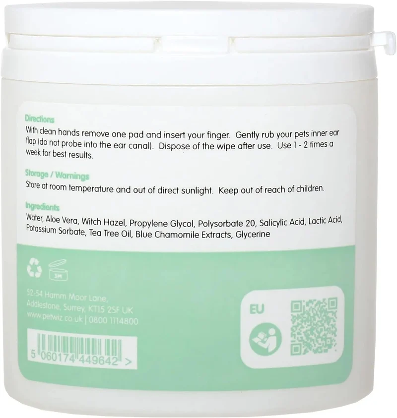 Toalhetes para os ouvidos de cães e gatos. Limpam, acalmam e desodorizam com ingredientes ativos naturais, aloé vera, hamamelis, óleo da árvore do chá e extrato de camomila azul