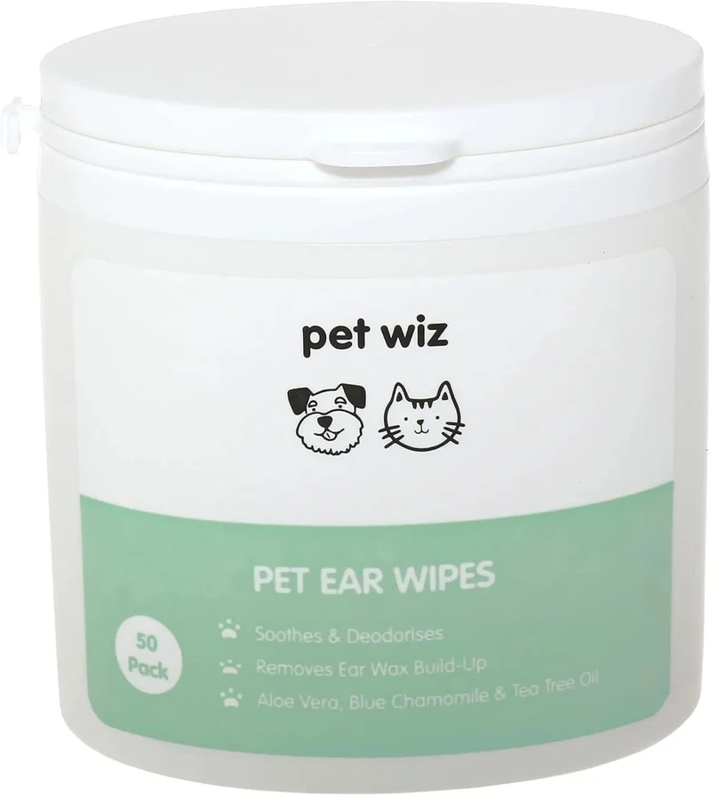 Toalhetes para os ouvidos de cães e gatos. Limpam, acalmam e desodorizam com ingredientes ativos naturais, aloé vera, hamamelis, óleo da árvore do chá e extrato de camomila azul
