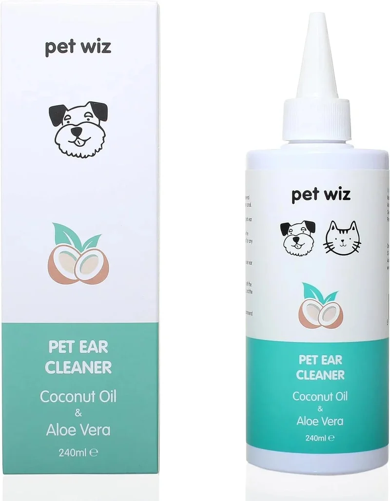 Limpador de orelhas para cães e gatos, óleo de côco e aloé vera (240 ml)