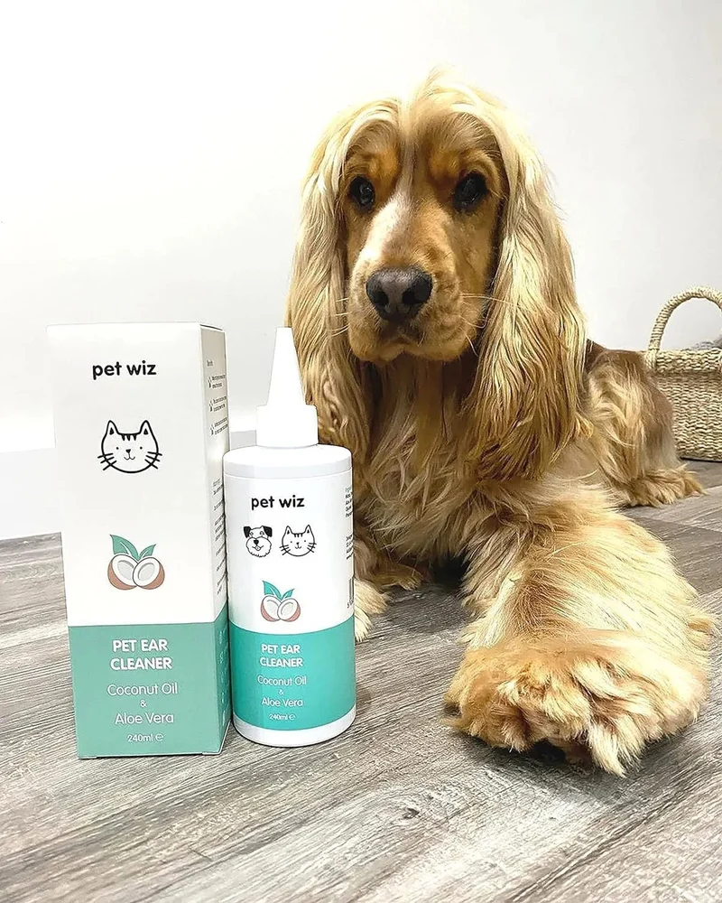 Limpador de orelhas para cães e gatos, óleo de côco e aloé vera (240 ml)