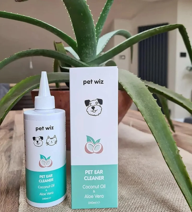 Limpador de orelhas para cães e gatos, óleo de côco e aloé vera (240 ml)
