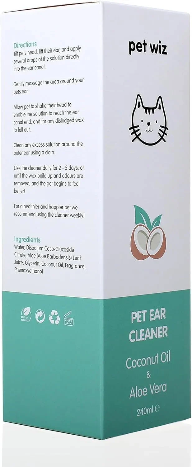 Limpador de orelhas para cães e gatos, óleo de côco e aloé vera (240 ml)