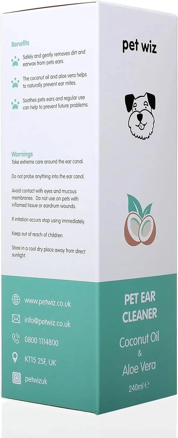 Limpador de orelhas para cães e gatos, óleo de côco e aloé vera (240 ml)