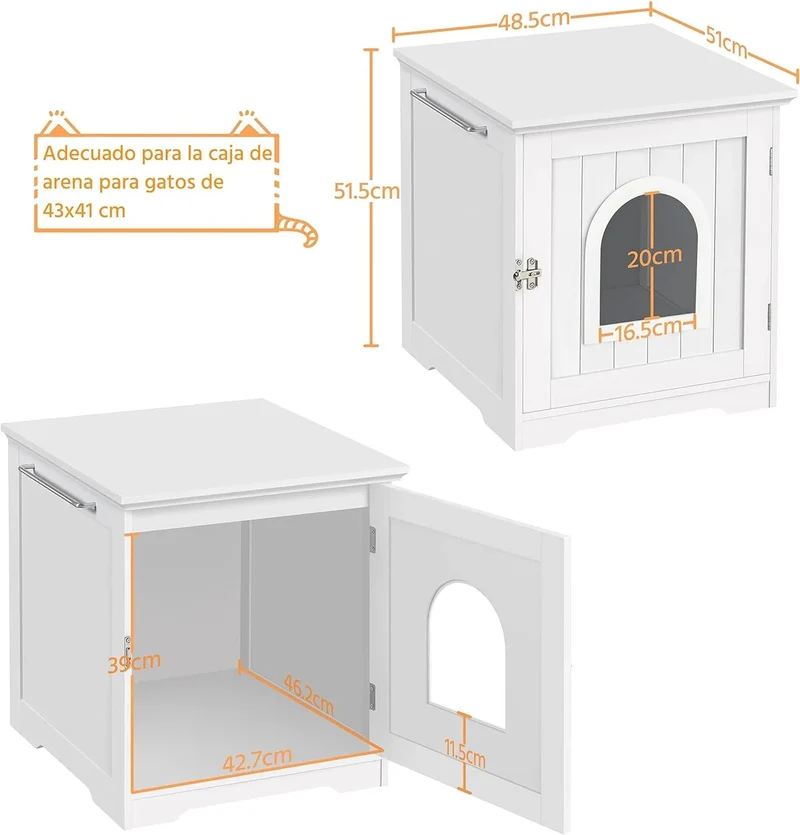 Caixa de Areia para gatos com porta de entrada 48,5 x 51 x 51,5 cm, (cinzento ou branco)