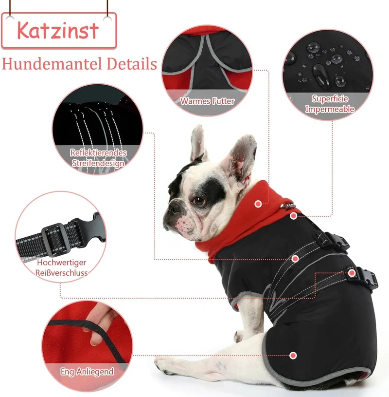 Casaco para cães, casaco impermeável de outono/inverno, com tiras refletoras, cintura ajustável, quente e confortável