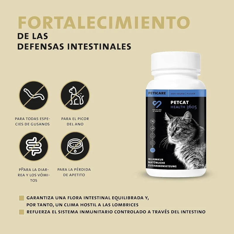 Desparasitante antiparasitário para gatos, pó de ervas, 100% natural com curcuma e tomilho contra vermes intestinais, higiene intestinal (Peticare)