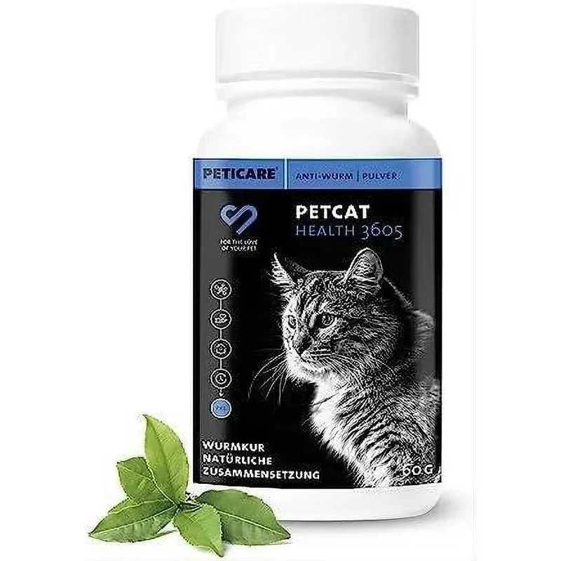Desparasitante antiparasitário para gatos, pó de ervas, 100% natural com curcuma e tomilho contra vermes intestinais, higiene intestinal (Peticare)