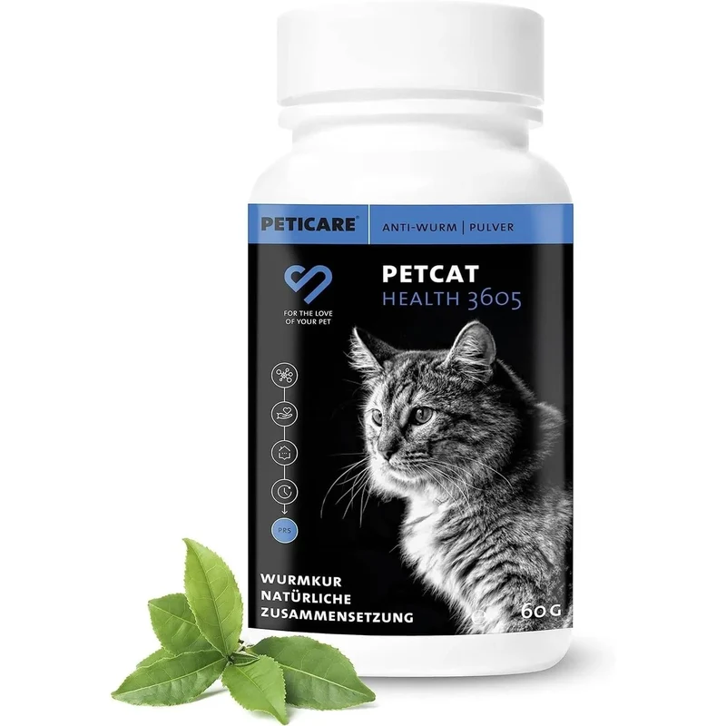 Desparasitante antiparasitário para gatos, pó de ervas, 100% natural com curcuma e tomilho contra vermes intestinais, higiene intestinal (Peticare)