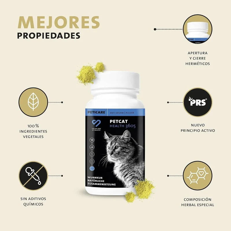 Desparasitante antiparasitário para gatos, pó de ervas, 100% natural com curcuma e tomilho contra vermes intestinais, higiene intestinal (Peticare)