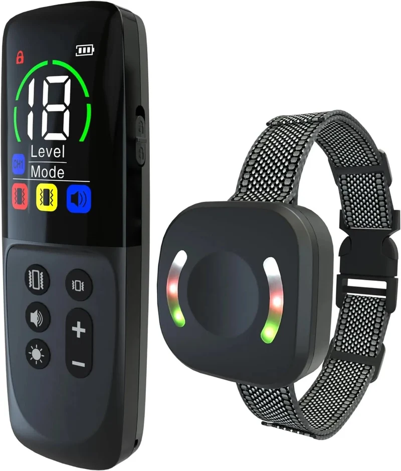 Coleira treino cães, alcance remoto de 2500 m com bloqueio de segurança, 4 modos de treino luz LED/som/vibração/forte vibração, resistente à água e recarregável