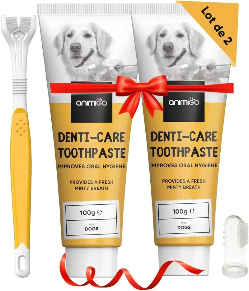 Kit Pasta Dentífrica para Cães 2x100 gramas Sabor a Menta + Escova de dentes 3 cabeças + 1 Dedeira - Anti Tártaro, Anti Mau Hálito - Cuidado orail para cães