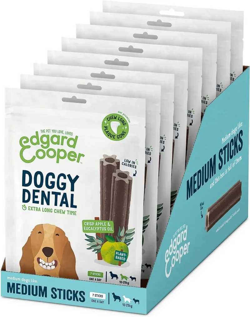 Edgard & Cooper Dental Stick para cães de Raças médias - 56 barras para a higiene oral - prémios naturais sem cereais - 7 Sticks x 8 embalagens - Eucalipto e maçã, higiene oral, baixo em calorias, hálito fresco
