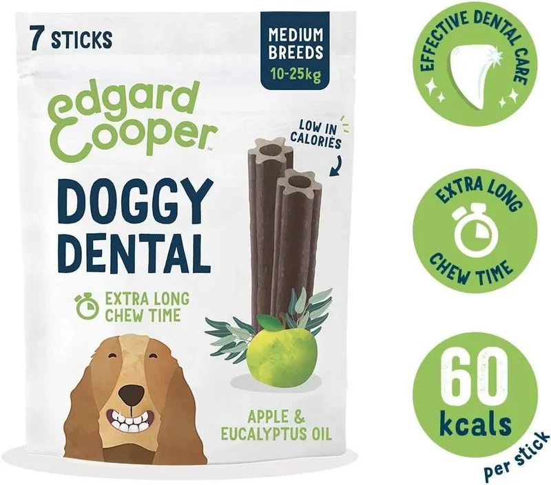Edgard & Cooper Dental Stick para cães de Raças médias - 56 barras para a higiene oral - prémios naturais sem cereais - 7 Sticks x 8 embalagens - Eucalipto e maçã, higiene oral, baixo em calorias, hálito fresco