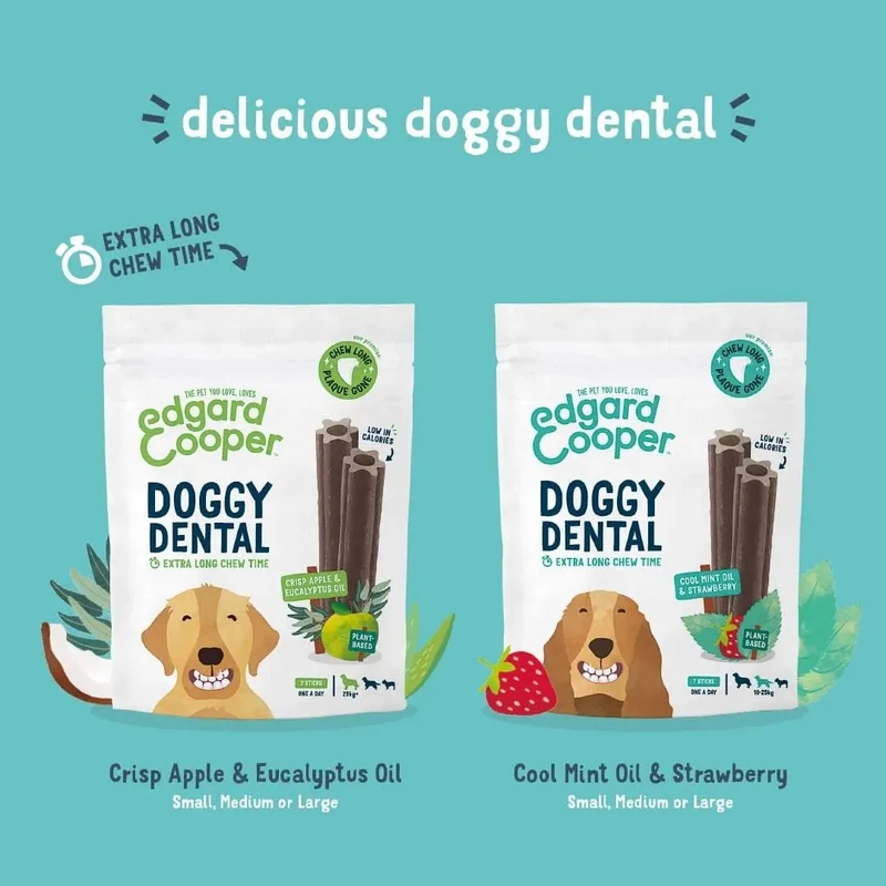 Edgard & Cooper Dental Stick para cães de Raças médias - 56 barras para a higiene oral - prémios naturais sem cereais - 7 Sticks x 8 embalagens - Eucalipto e maçã, higiene oral, baixo em calorias, hálito fresco