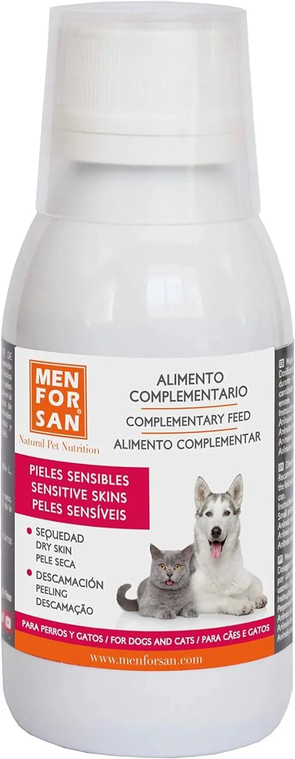 MENFORSAN PELE SENSÍVEL Alimento complementar líquido para cães e gatos com peles sensíveis | Ingredientes naturais | Para animais com pele atópica, vermelhidão ou excesso de gordura na pele (120 ml)