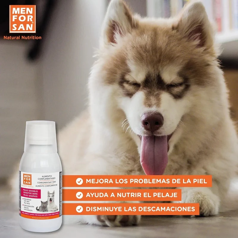 MENFORSAN PELE SENSÍVEL Alimento complementar líquido para cães e gatos com peles sensíveis | Ingredientes naturais | Para animais com pele atópica, vermelhidão ou excesso de gordura na pele (120 ml)