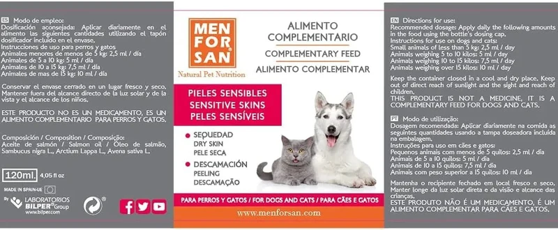 MENFORSAN PELE SENSÍVEL Alimento complementar líquido para cães e gatos com peles sensíveis | Ingredientes naturais | Para animais com pele atópica, vermelhidão ou excesso de gordura na pele (120 ml)