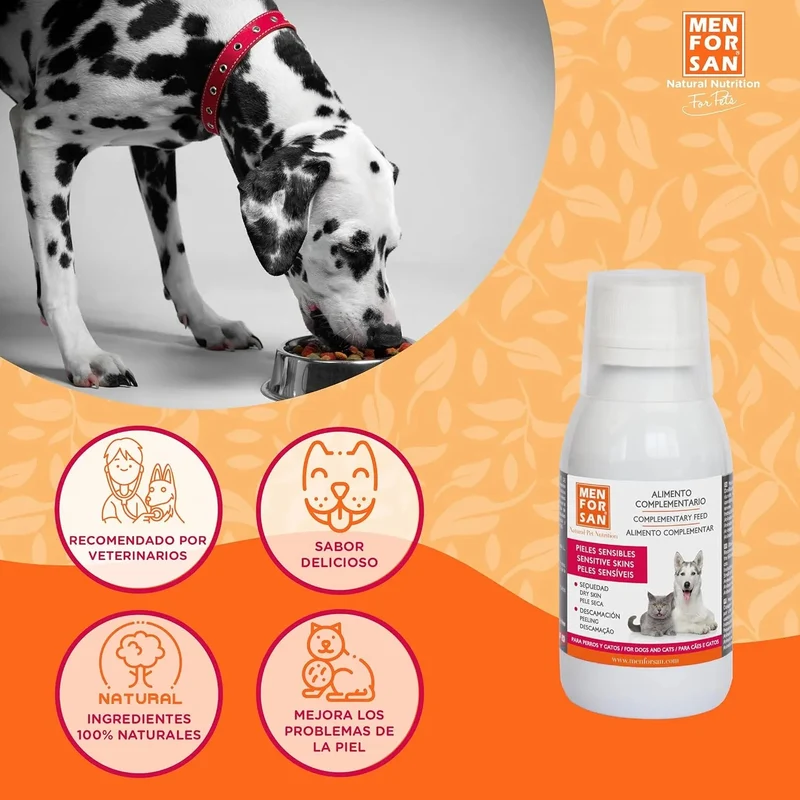 MENFORSAN PELE SENSÍVEL Alimento complementar líquido para cães e gatos com peles sensíveis | Ingredientes naturais | Para animais com pele atópica, vermelhidão ou excesso de gordura na pele (120 ml)