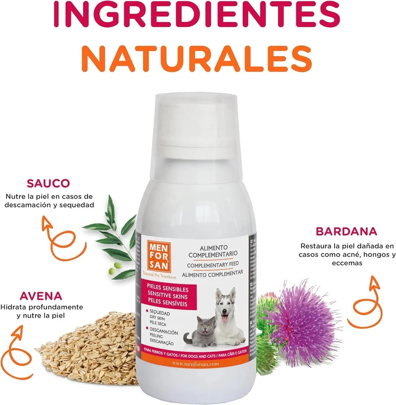 MENFORSAN PELE SENSÍVEL Alimento complementar líquido para cães e gatos com peles sensíveis | Ingredientes naturais | Para animais com pele atópica, vermelhidão ou excesso de gordura na pele (120 ml)