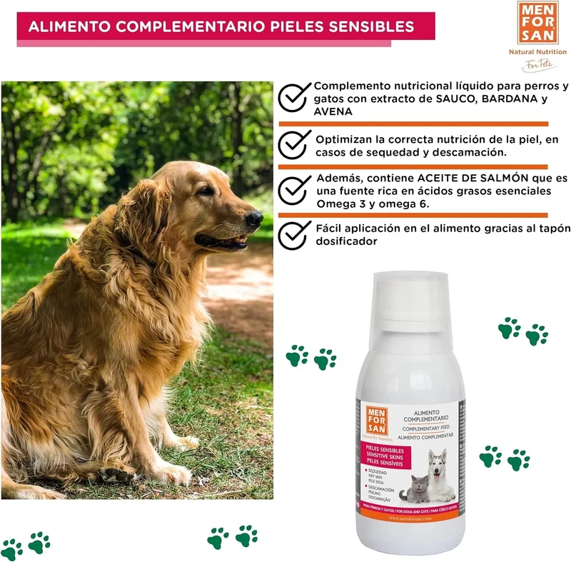 MENFORSAN PELE SENSÍVEL Alimento complementar líquido para cães e gatos com peles sensíveis | Ingredientes naturais | Para animais com pele atópica, vermelhidão ou excesso de gordura na pele (120 ml)