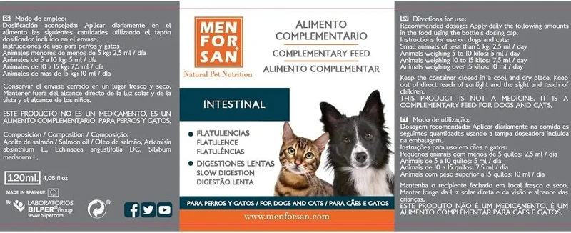 MENFORSAN INTESTINOS Alimento complementar líquido para cães e gatos com problemas intestinais | Melhora as digestões | Evita parasitas internos | 120 ml