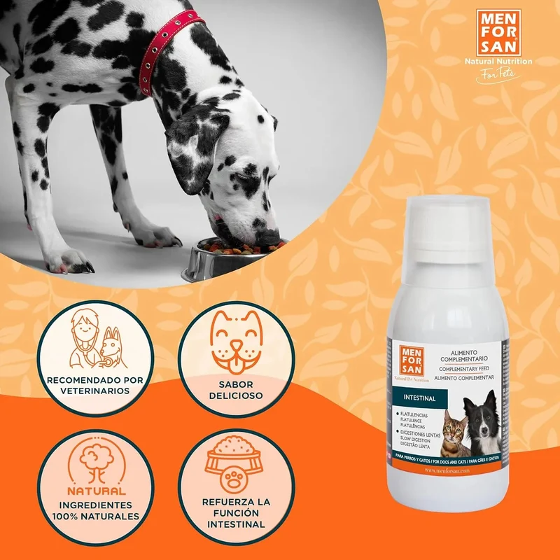 MENFORSAN INTESTINOS Alimento complementar líquido para cães e gatos com problemas intestinais | Melhora as digestões | Evita parasitas internos | 120 ml