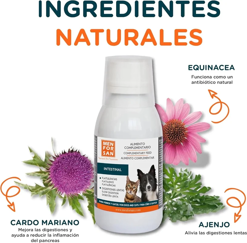 MENFORSAN INTESTINOS Alimento complementar líquido para cães e gatos com problemas intestinais | Melhora as digestões | Evita parasitas internos | 120 ml