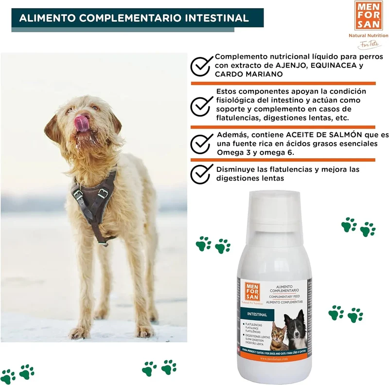 MENFORSAN INTESTINOS Alimento complementar líquido para cães e gatos com problemas intestinais | Melhora as digestões | Evita parasitas internos | 120 ml