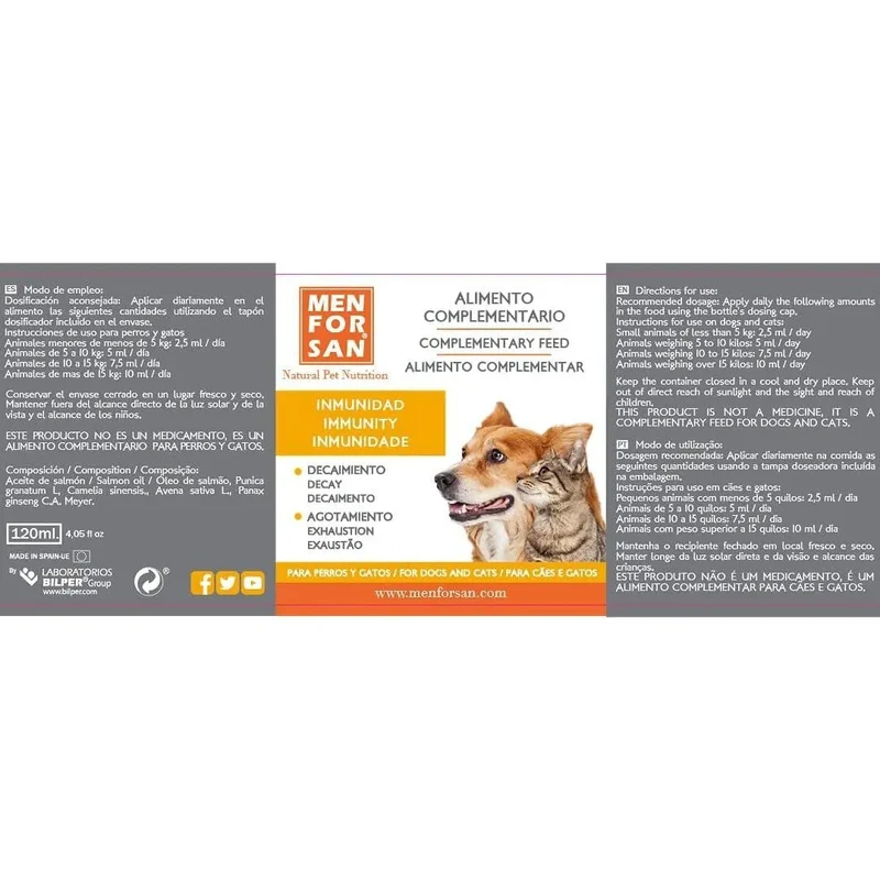 MENFORSAN IMUNITÁRIO Alimento complementar líquido para cães e gatos para reforçar o sistema imunitário | Reforça as defesas | Potencia o sistema imunitário | 120 ml