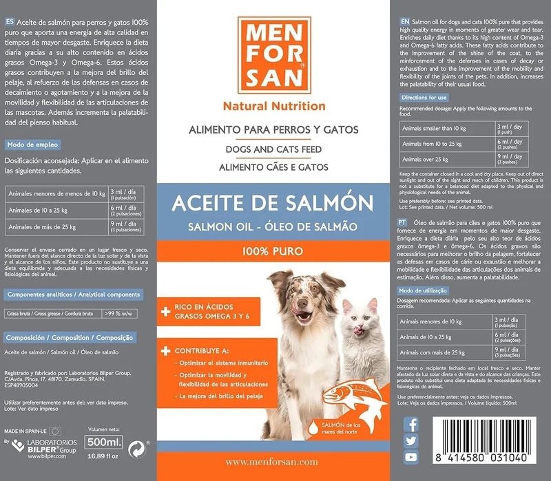 MENFORSAN Óleo de salmão para cães e gatos, otimiza o sistema imunitário, fortalece as articulações e os ossos | Reduz problemas de pele, 500 ml