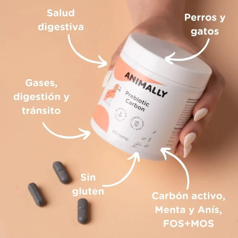 Animally Prébiotico Carvão Ativado - 60 comprimidos - Saúde digestiva - Prebióticos para cães