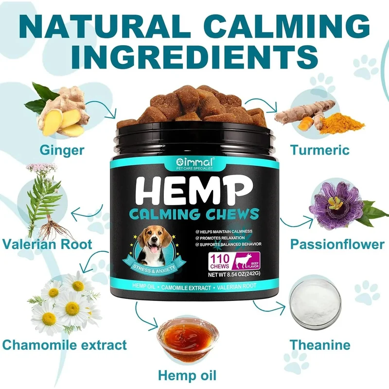 Calmante Mastigável para Cães, ajuda a promover o relaxamento, reduz o stress e a ansiedade - sabor de carne bovina (242 g, 110 comprimidos)