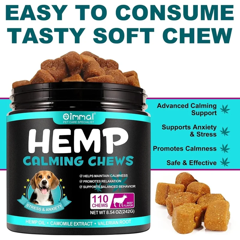Calmante Mastigável para Cães, ajuda a promover o relaxamento, reduz o stress e a ansiedade - sabor de carne bovina (242 g, 110 comprimidos)