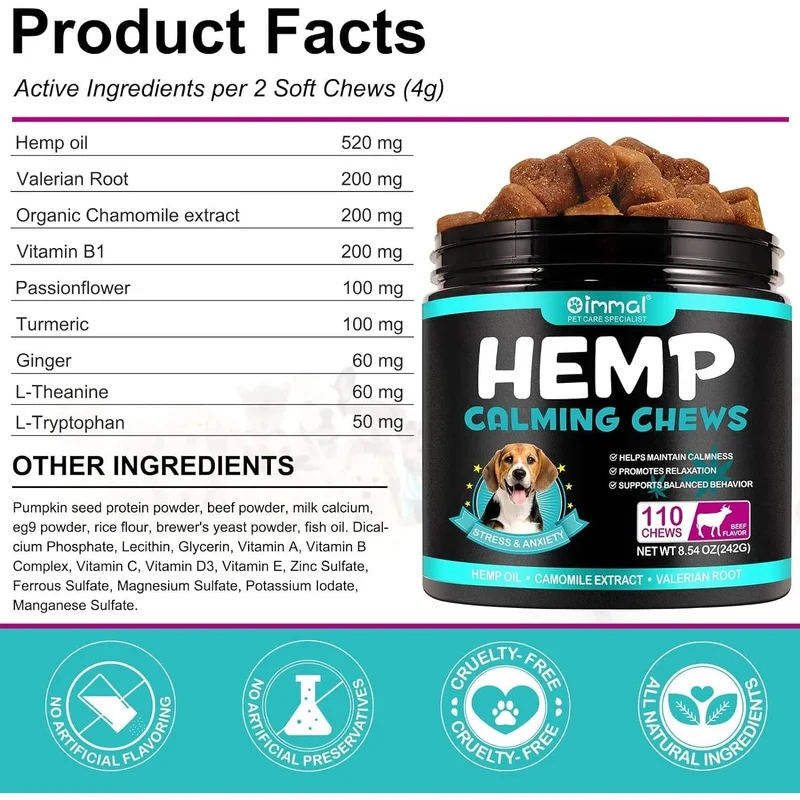 Calmante Mastigável para Cães, ajuda a promover o relaxamento, reduz o stress e a ansiedade - sabor de carne bovina (242 g, 110 comprimidos)